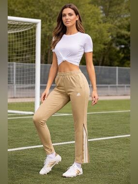 Adidas Tiro Zip Flare Soccer Pants Women’s Small Tan Khaki White Striped